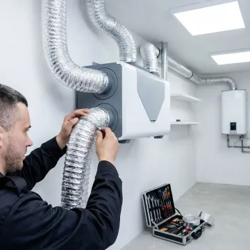 HVAC technician connecting ductwork during ERV installation in a Long Island home