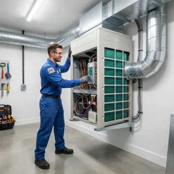 HVAC technician installing an energy recovery ventilator unit in a Long Island home