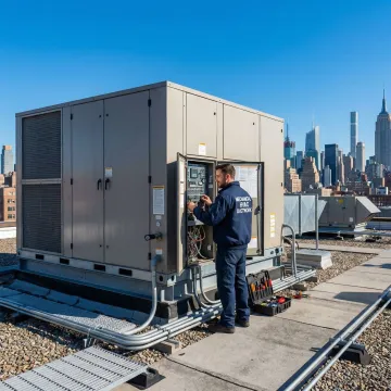 Commercial HVAC technician servicing rooftop unit in Long Island City