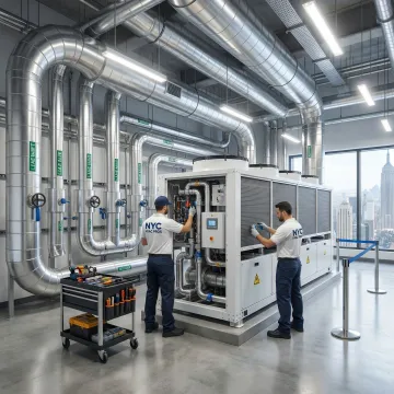 Certified HVAC technicians installing commercial ductwork inside an NYC office building