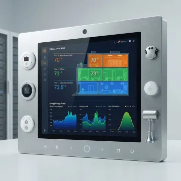 Smart building HVAC control panel with automation dashboard in a commercial facility