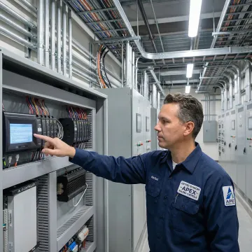 HVAC technician programming a building automation control system in a mechanical room
