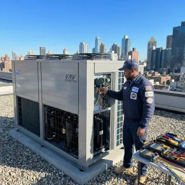 HVAC technician performing VRV system maintenance on a rooftop unit in Long Island City