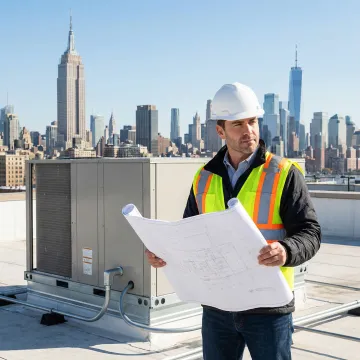 HVAC project manager reviewing commercial RTU installation plans on a Manhattan rooftop
