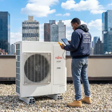 Fujitsu VRF system repair technician working on outdoor condenser unit in Long Island City