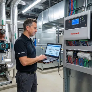 HVAC technician configuring a Honeywell building automation system on a laptop in a commercial mechanical room