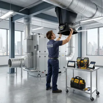 Licensed commercial ventilation repair technician servicing an air handling unit in a Brooklyn office building
