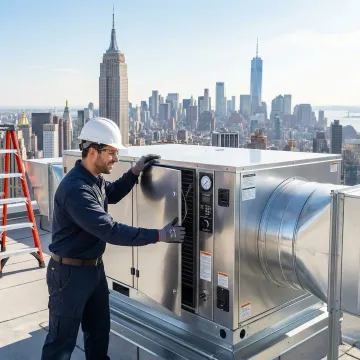 HVAC technician inspecting a commercial kitchen makeup air unit on a NYC rooftop