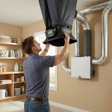 HVAC technician performing air testing and balancing on an ERV system installation