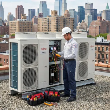 Certified technician servicing a Fujitsu VRF system on a Brooklyn rooftop