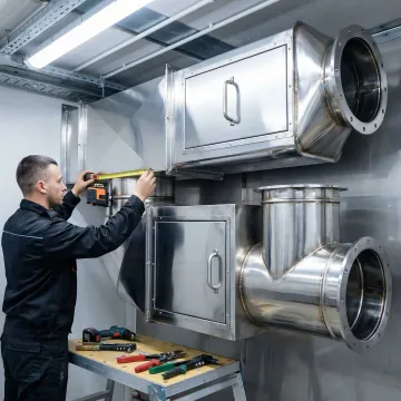 HVAC technician inspecting commercial grease ductwork installation process in a commercial kitchen