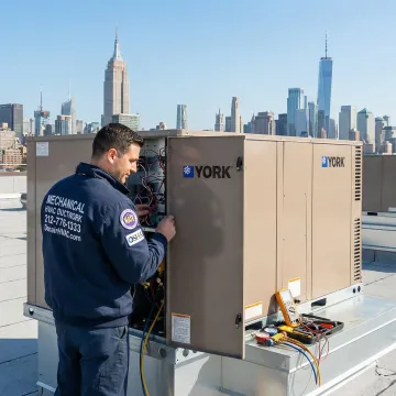 York rooftop HVAC unit being serviced on a Manhattan commercial building rooftop