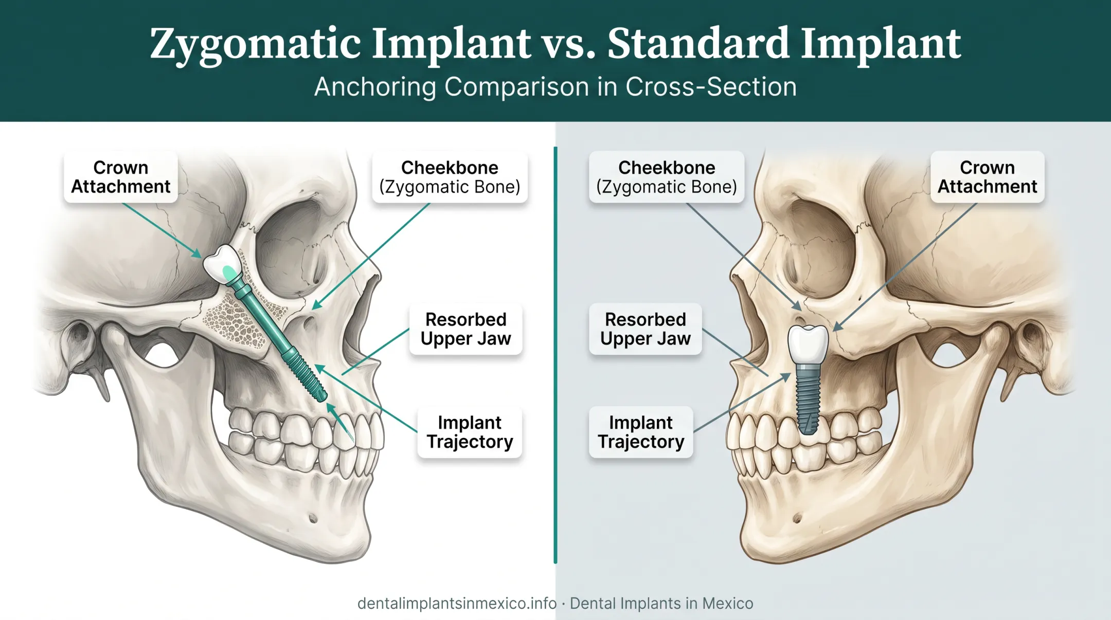 Zygomatic implant anchoring into cheekbone versus jaw comparison diagram