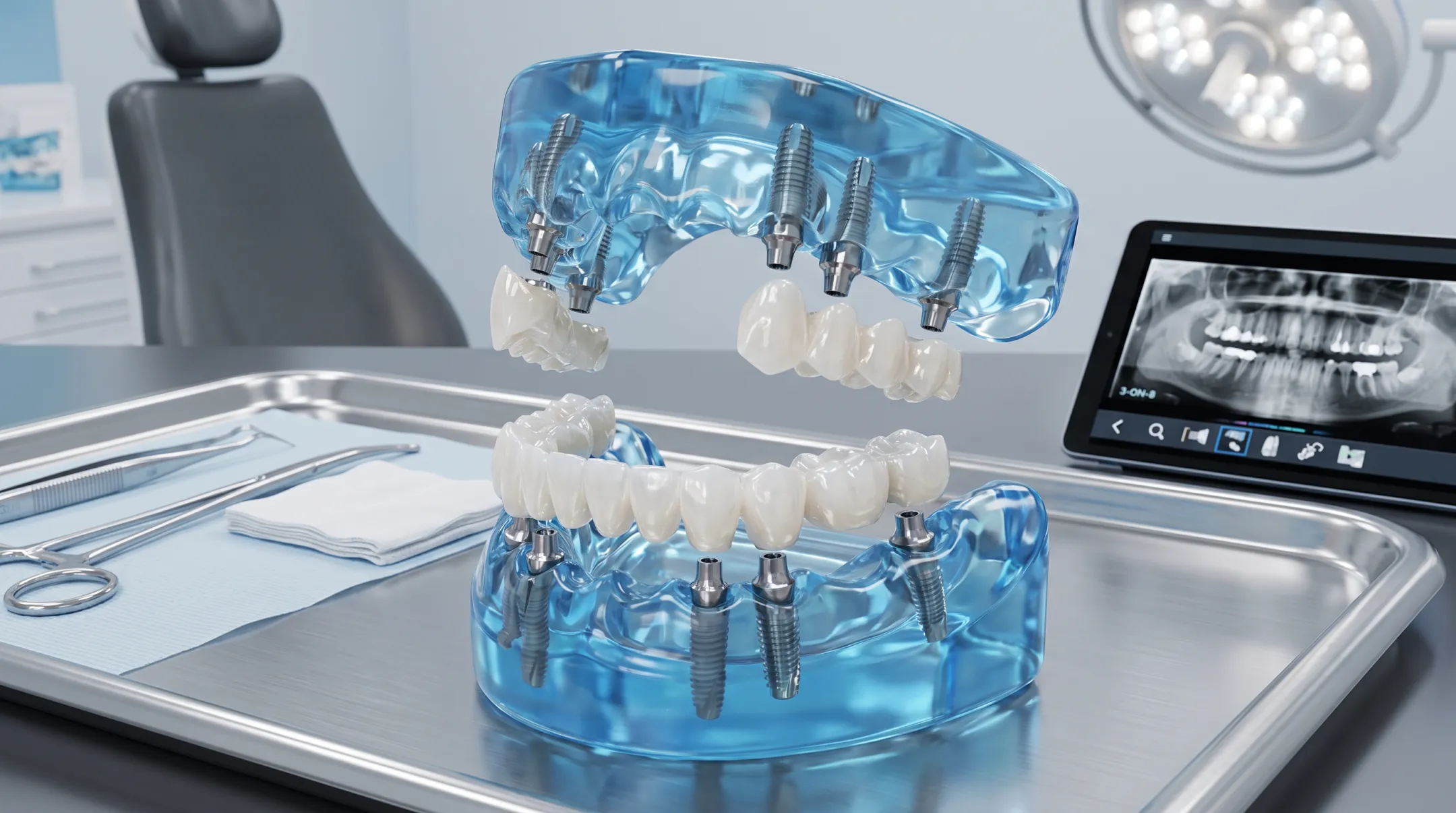 Dental implant procedure showing zirconia bridge and titanium fixtures