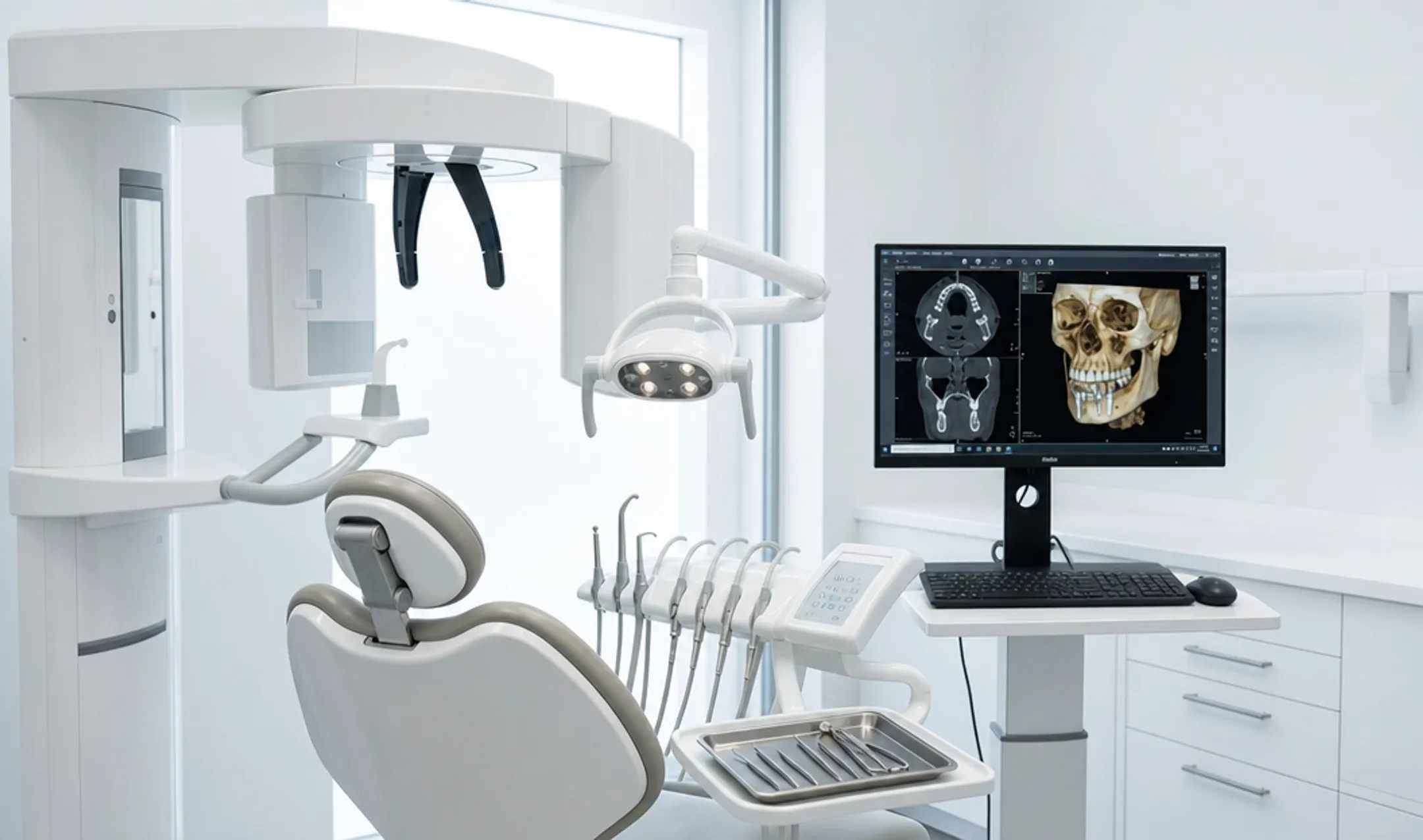 Modern dental clinic surgical suite with CBCT imaging equipment