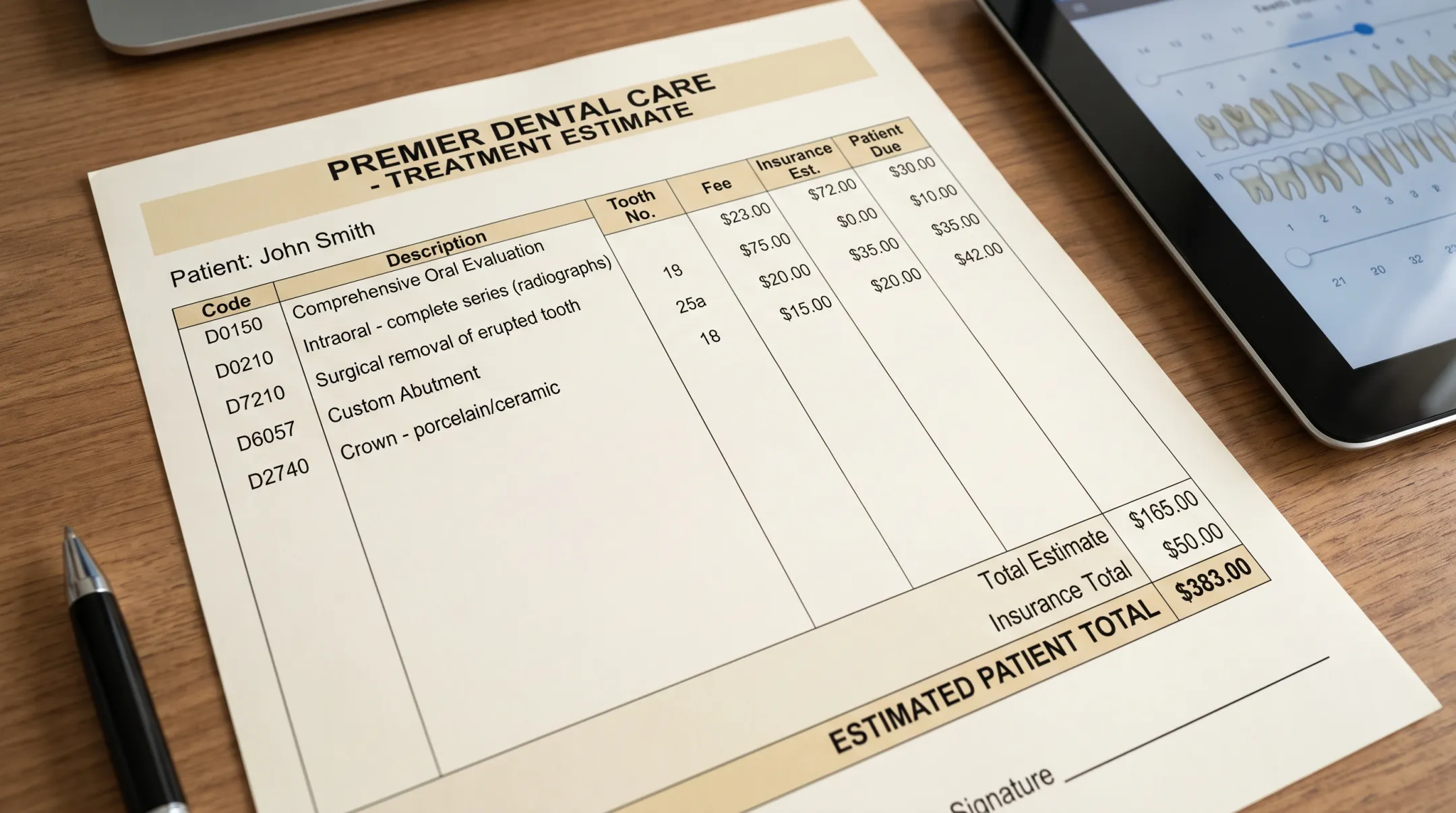 Itemized dental implant treatment plan document with cost breakdown