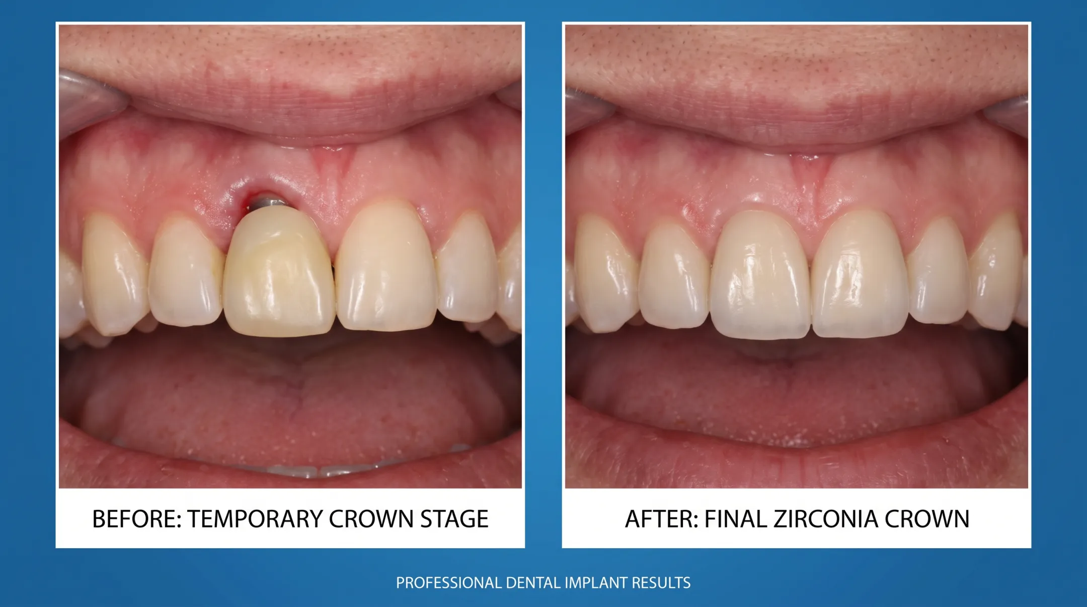 Before and after zirconia dental implant crown matching natural teeth