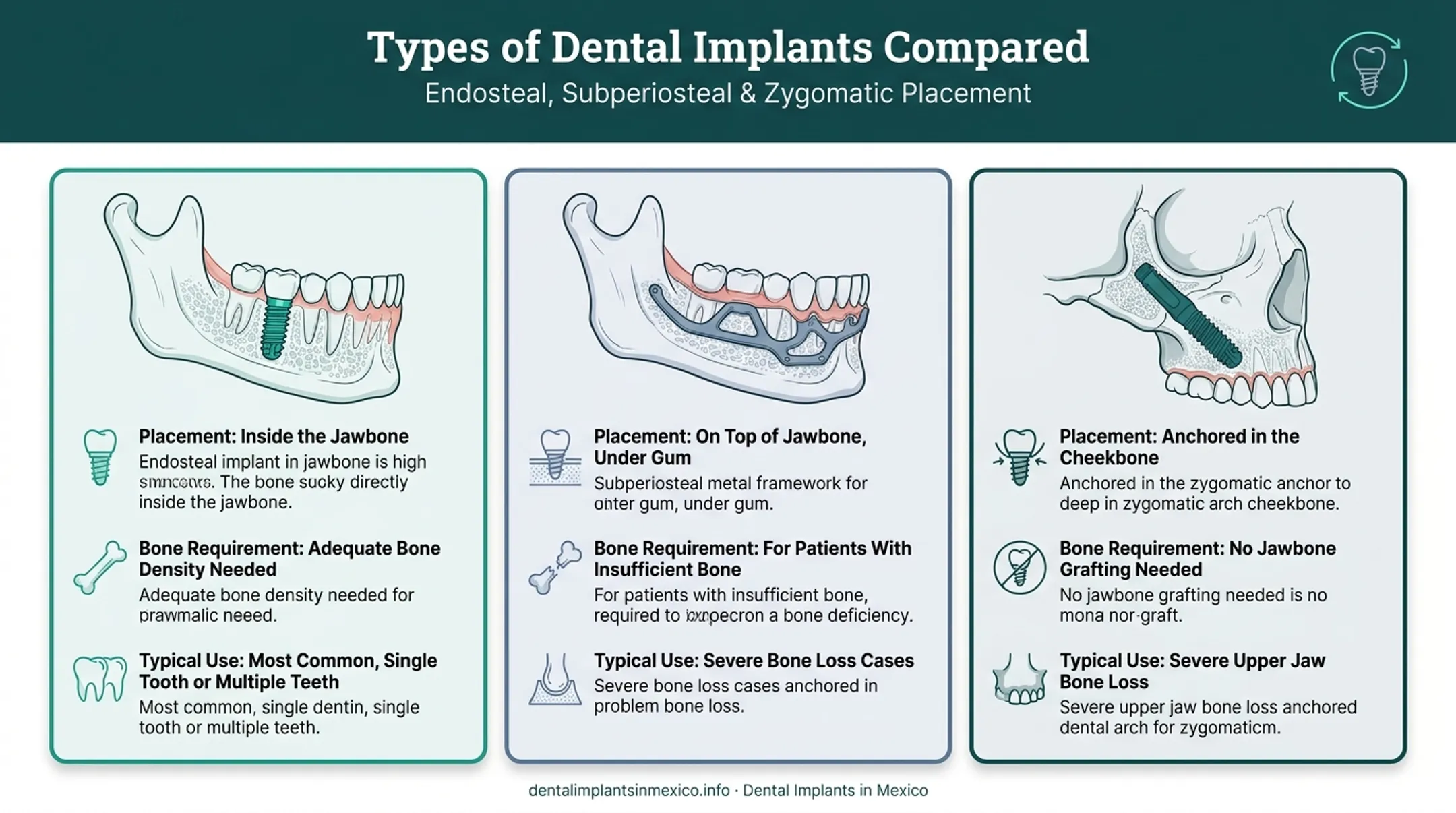Endosteal versus subperiosteal versus zygomatic implant placement comparison diagram