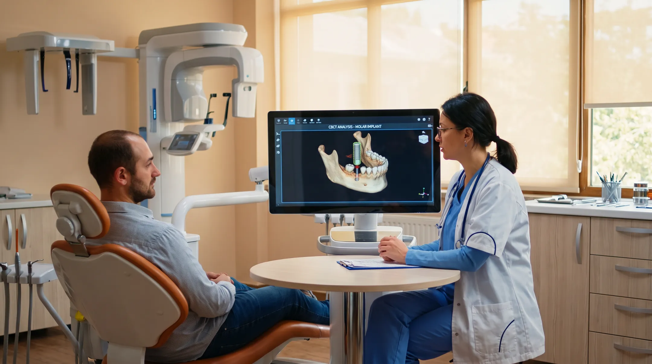 Dental clinic patient consultation for upper molar implant with sinus lift