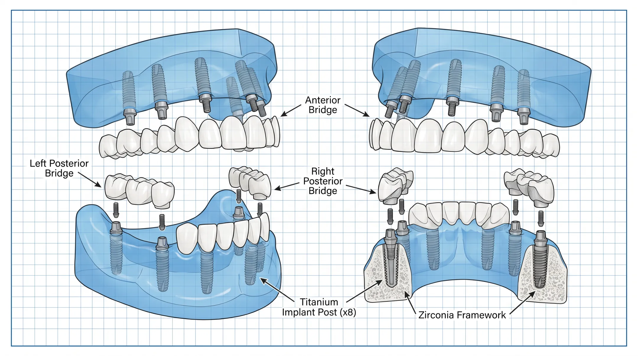 3-ON-8 full arch zirconia bridge implant system diagram