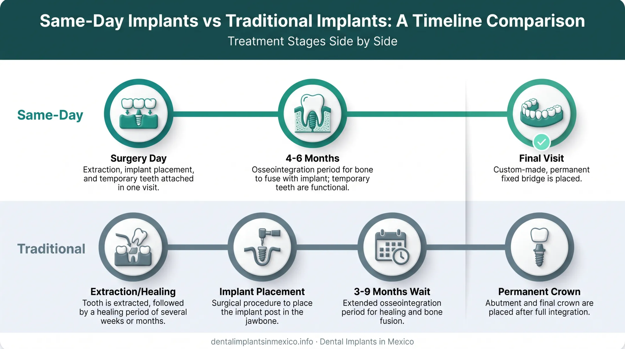 Same-day implant timeline from surgery to permanent restoration comparison