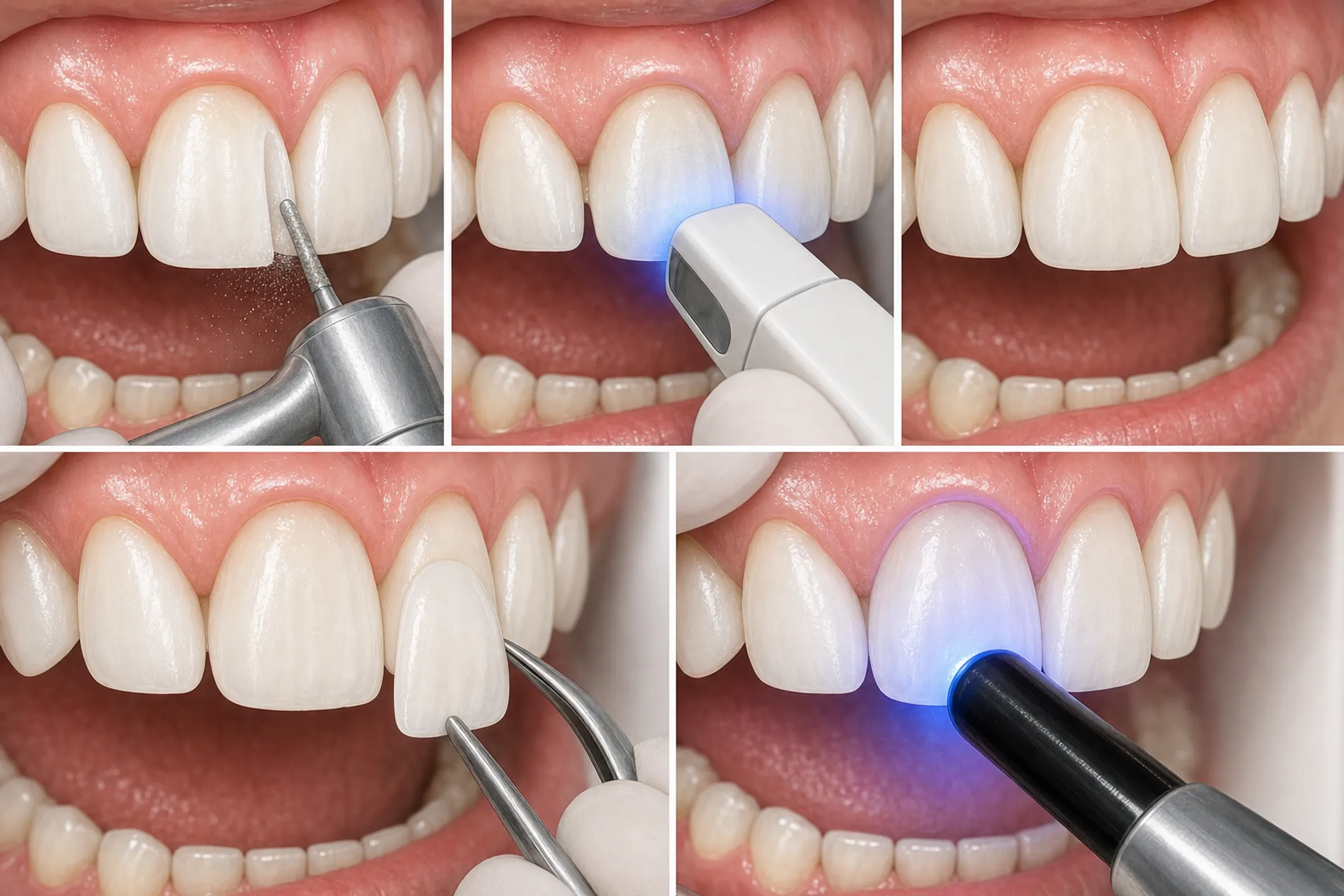 Dentist bonding porcelain veneer onto patient tooth during dental procedure