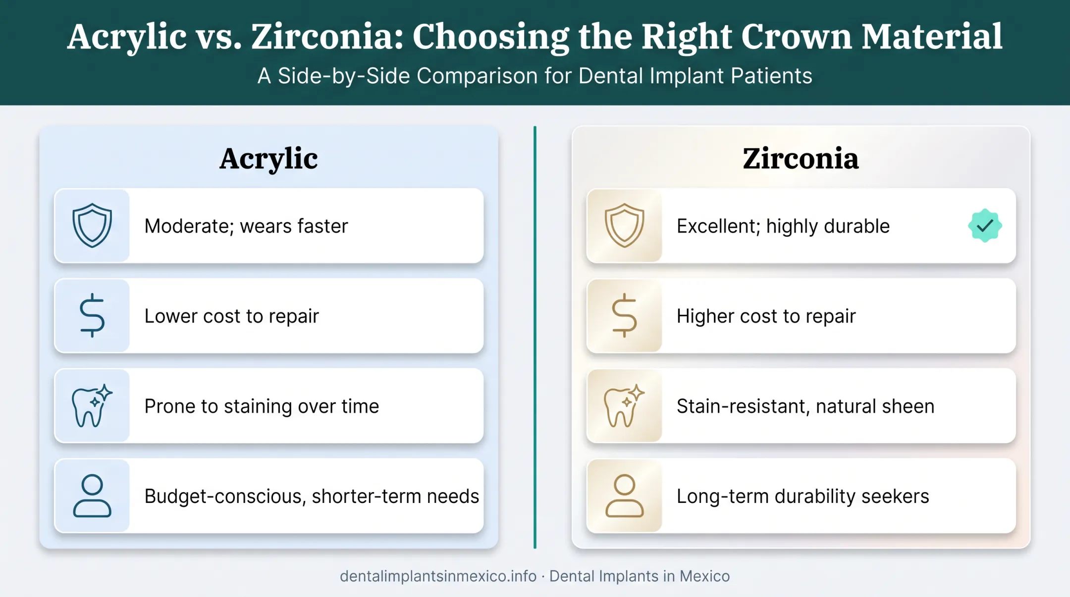 Acrylic versus zirconia dental implant material comparison chart