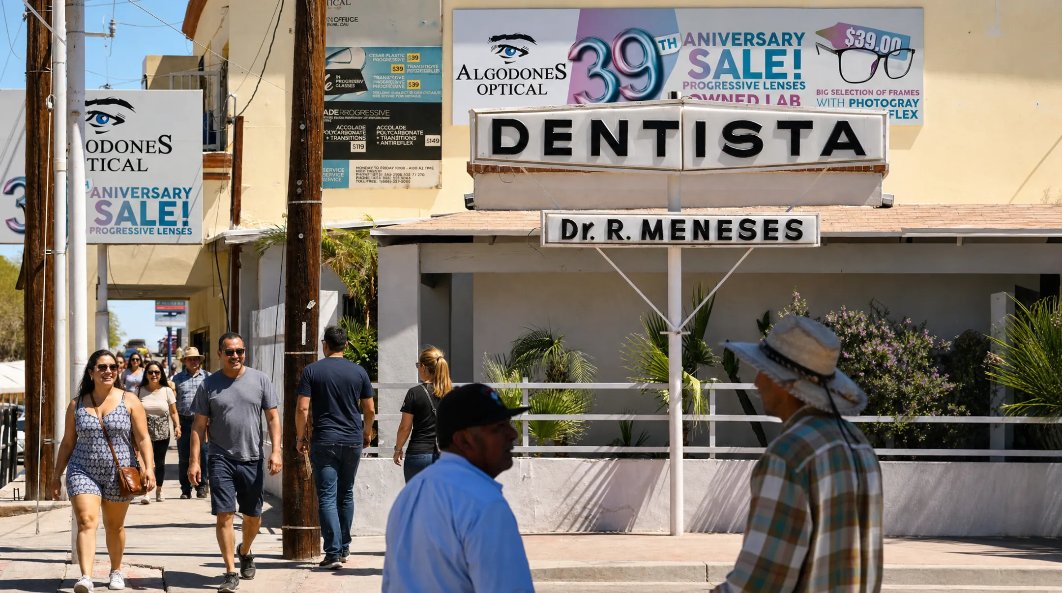 Los Algodones Mexico border town street with dental clinics