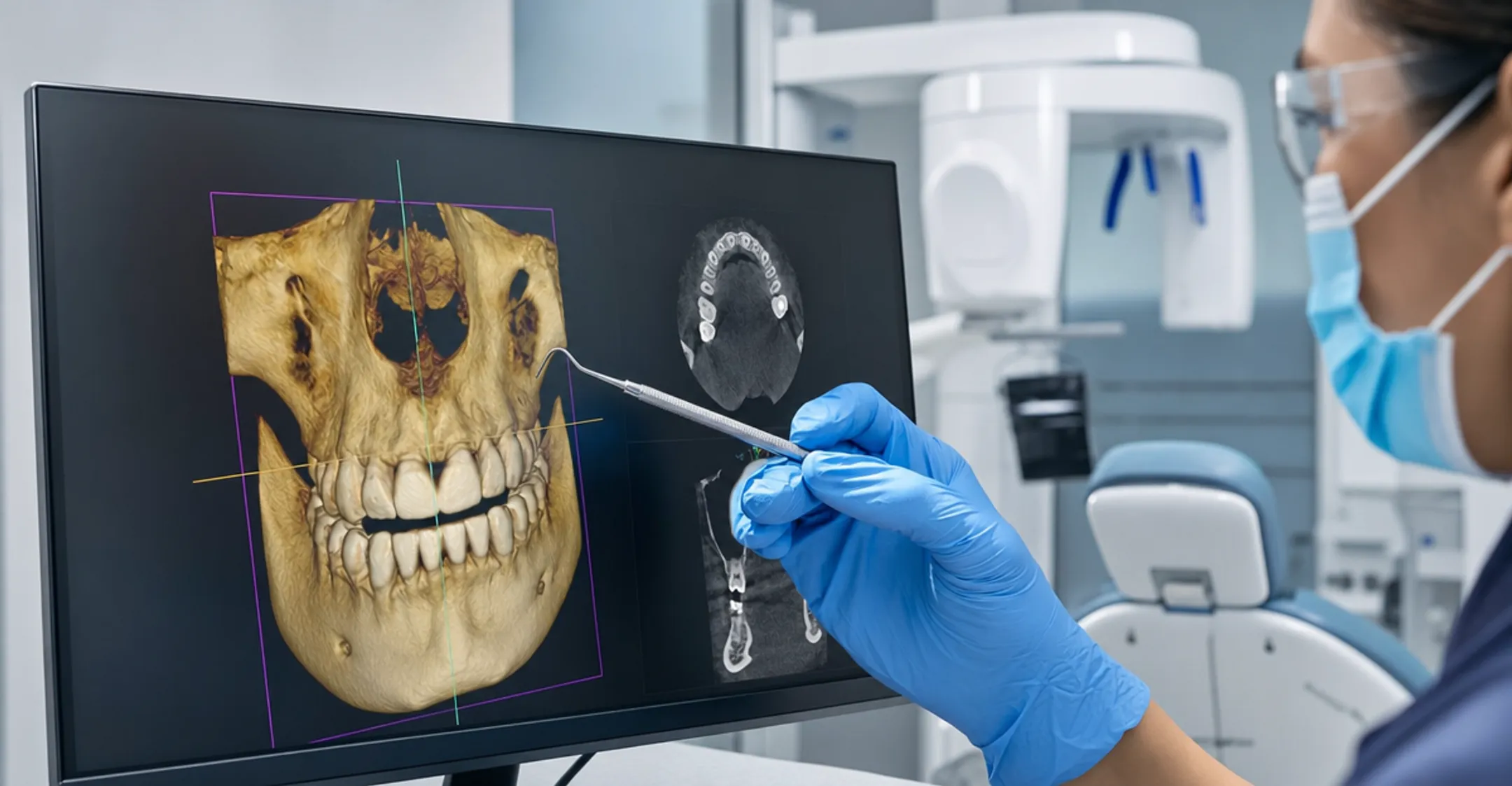 Dentist reviewing 3D CBCT dental scan for extraction assessment