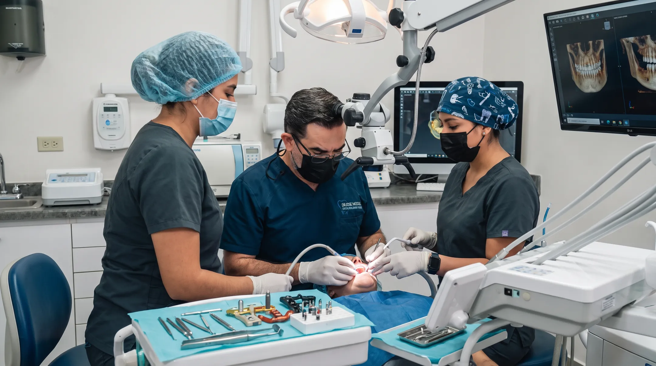 Board-certified periodontist performing dental implant procedure in modern clinic