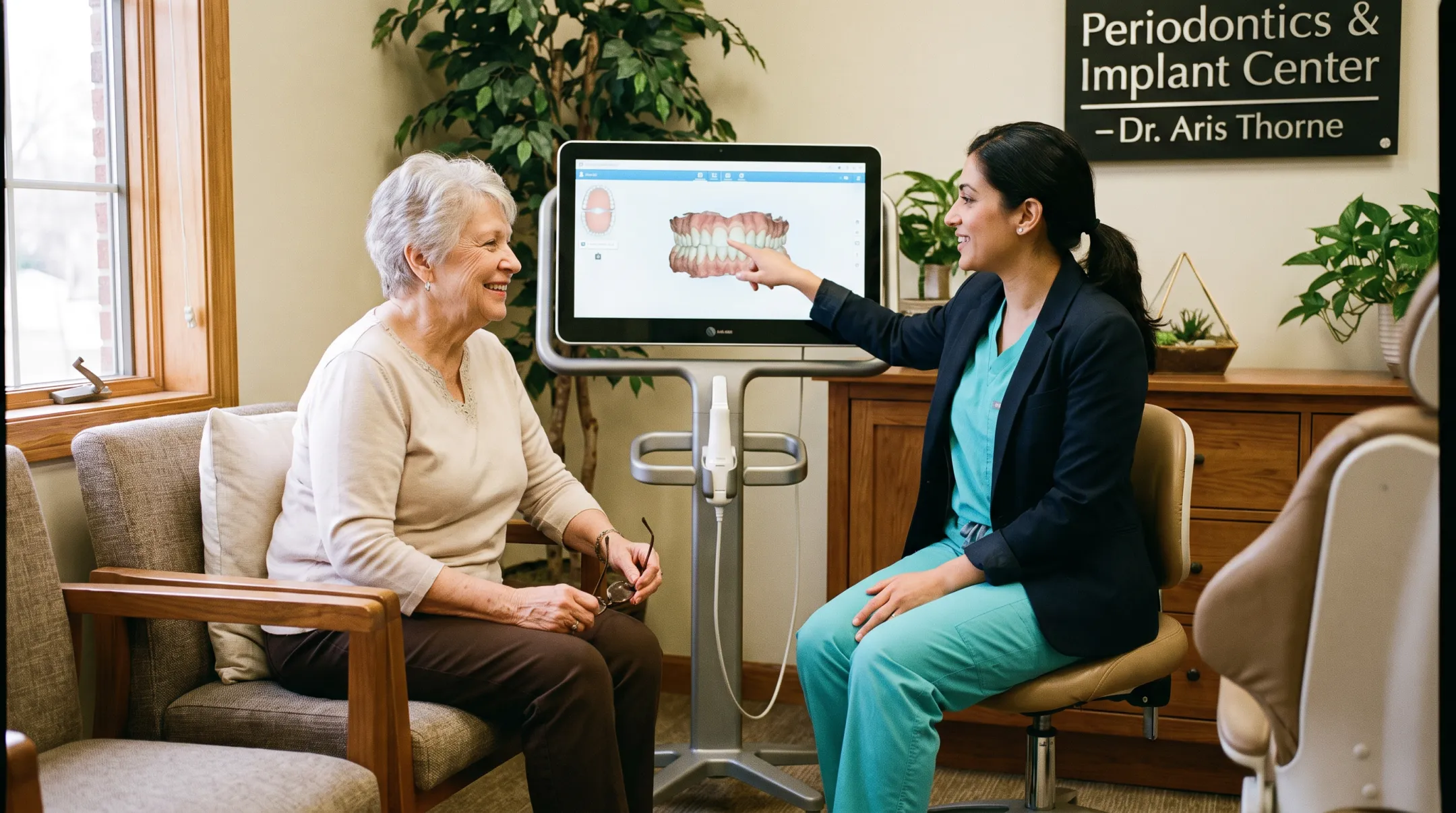Senior patient consultation with periodontist reviewing 3D dental scan