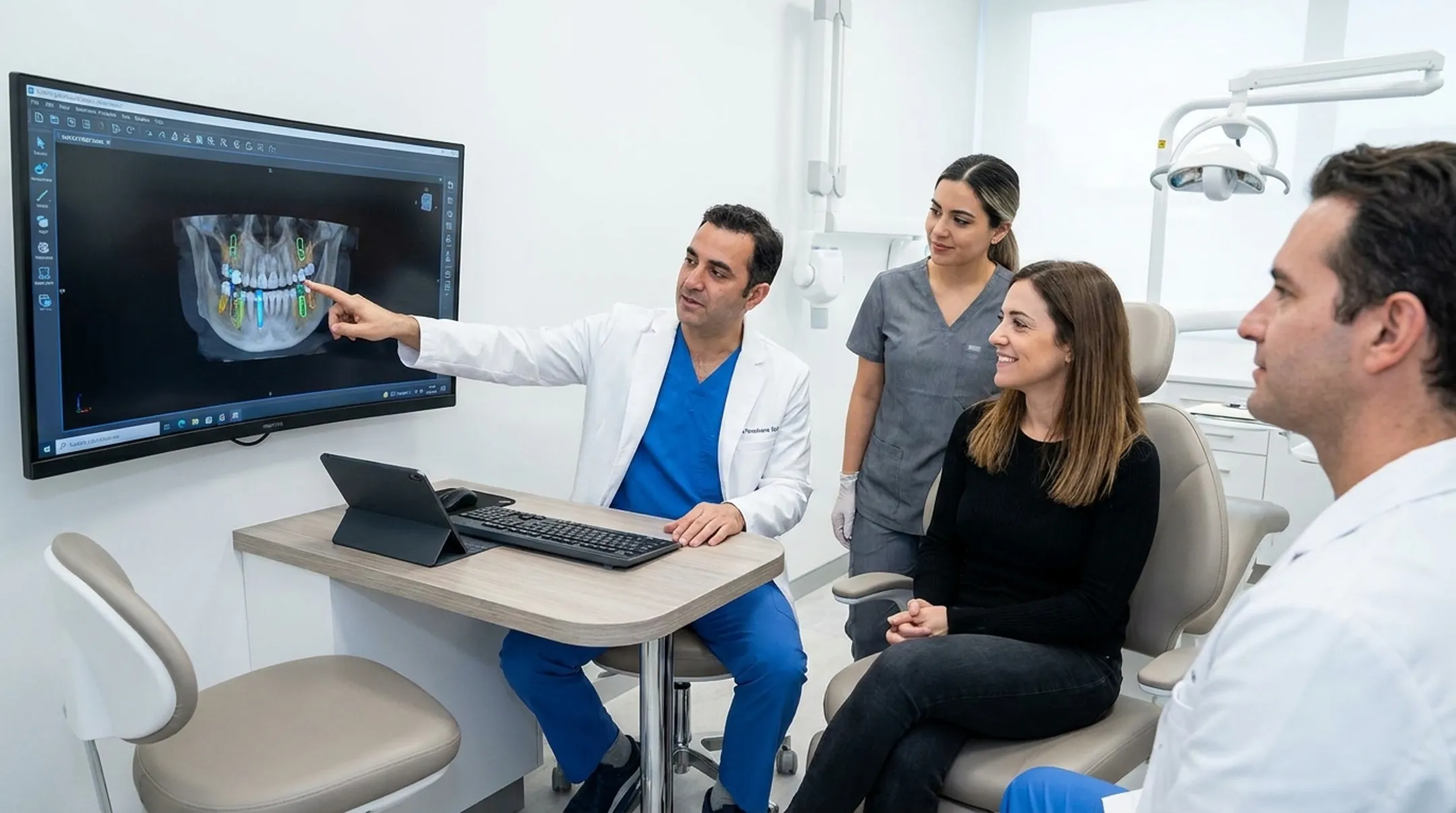 Periodontist reviewing 3D CBCT dental implant scan with patient