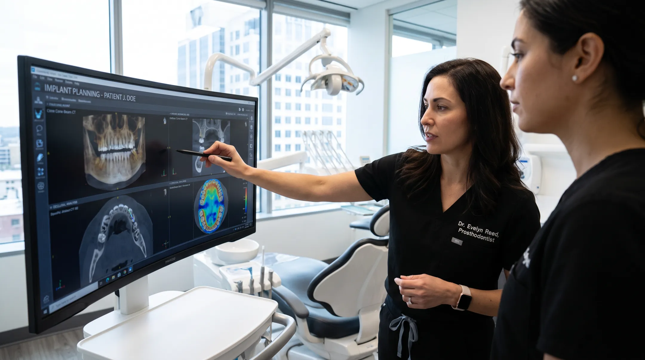 Periodontist reviewing 3D CT imaging for dental crown treatment planning