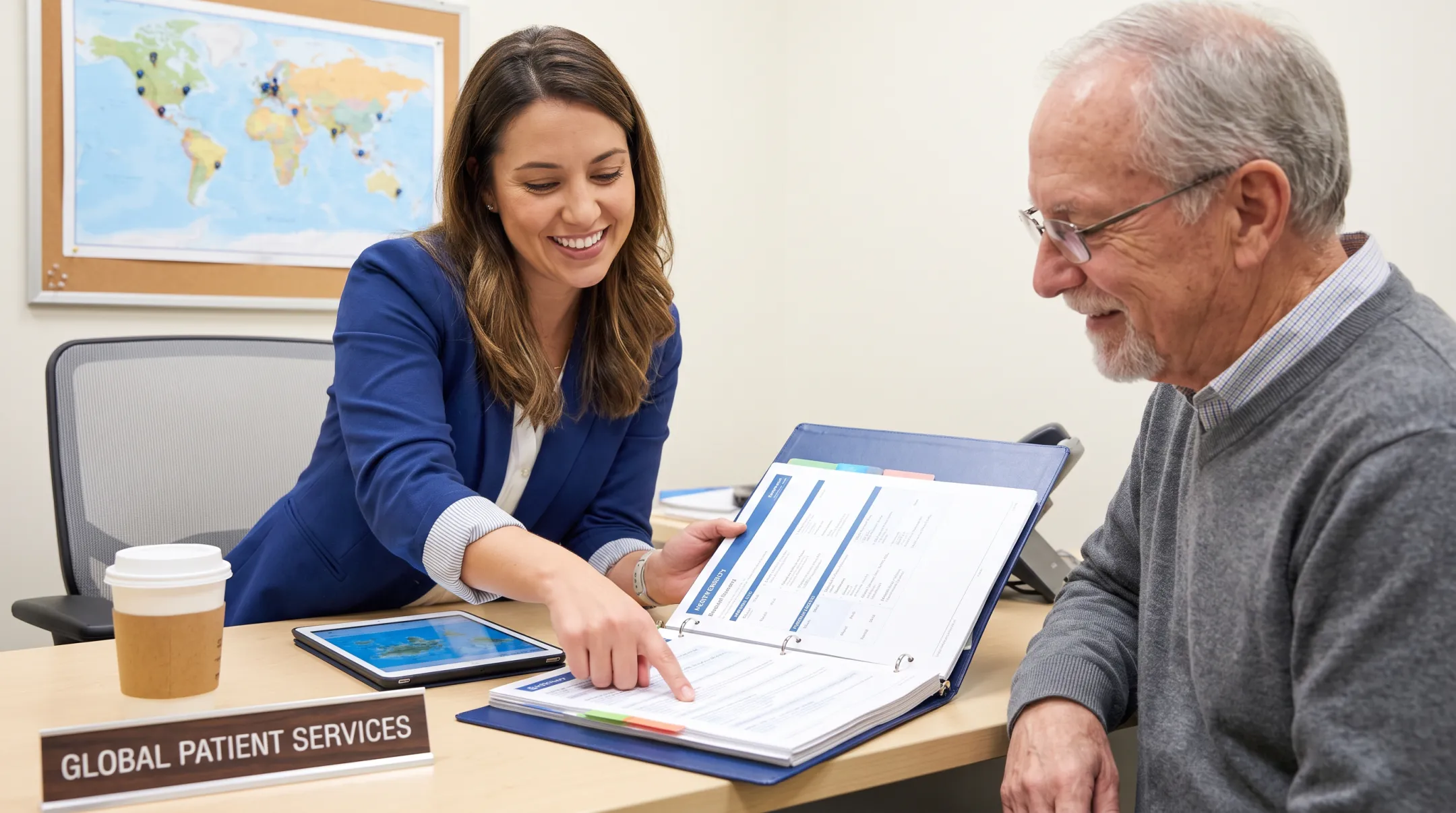 Bilingual coordinator assisting dental patient with travel and treatment logistics