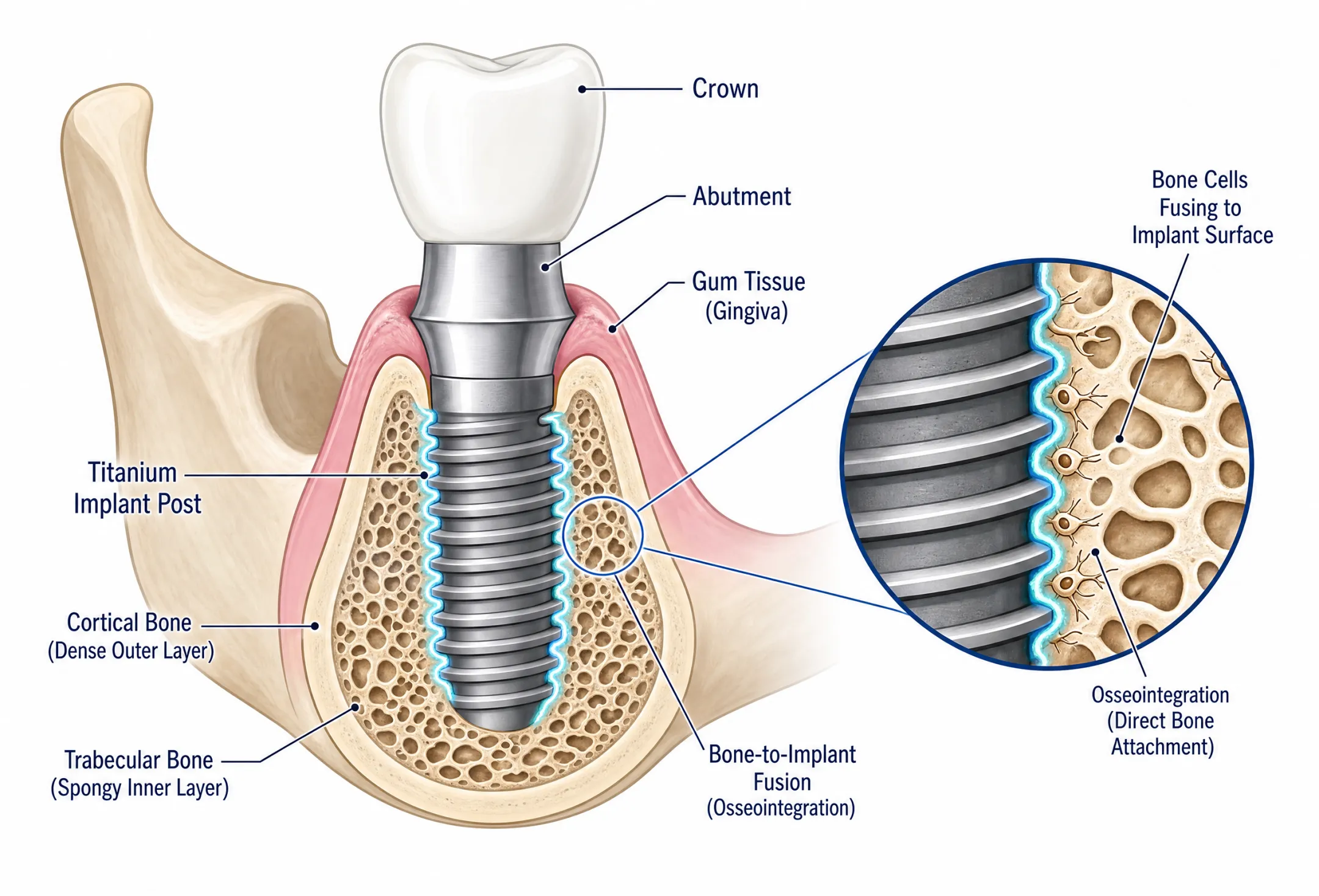 Titanium dental implant osseointegration process with bone fusion illustration