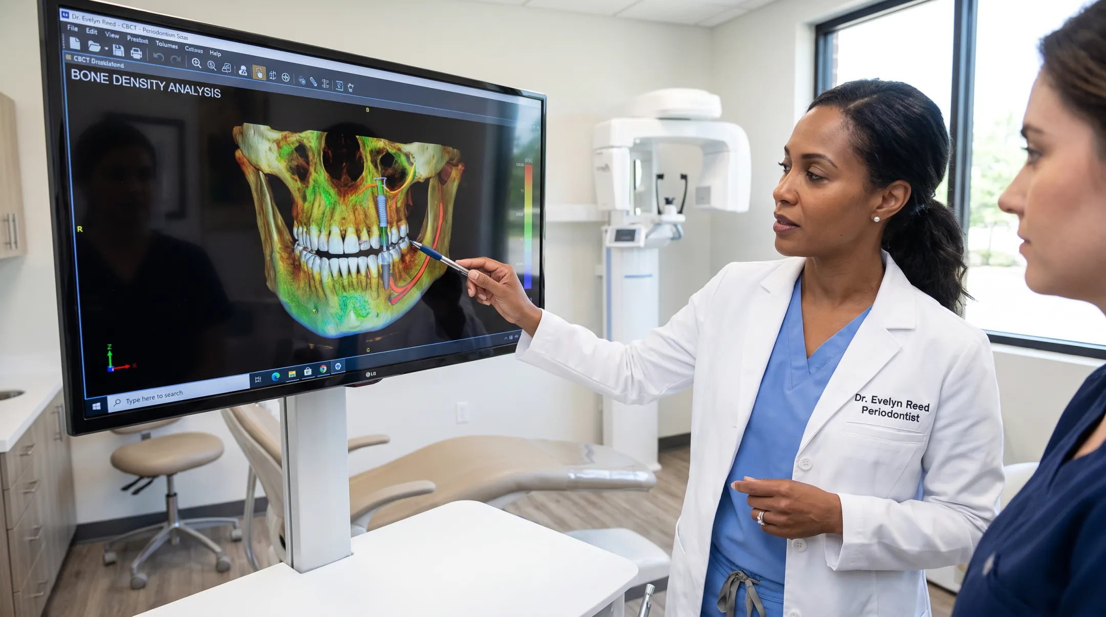 Periodontist reviewing 3D CBCT scan for dental implant treatment planning
