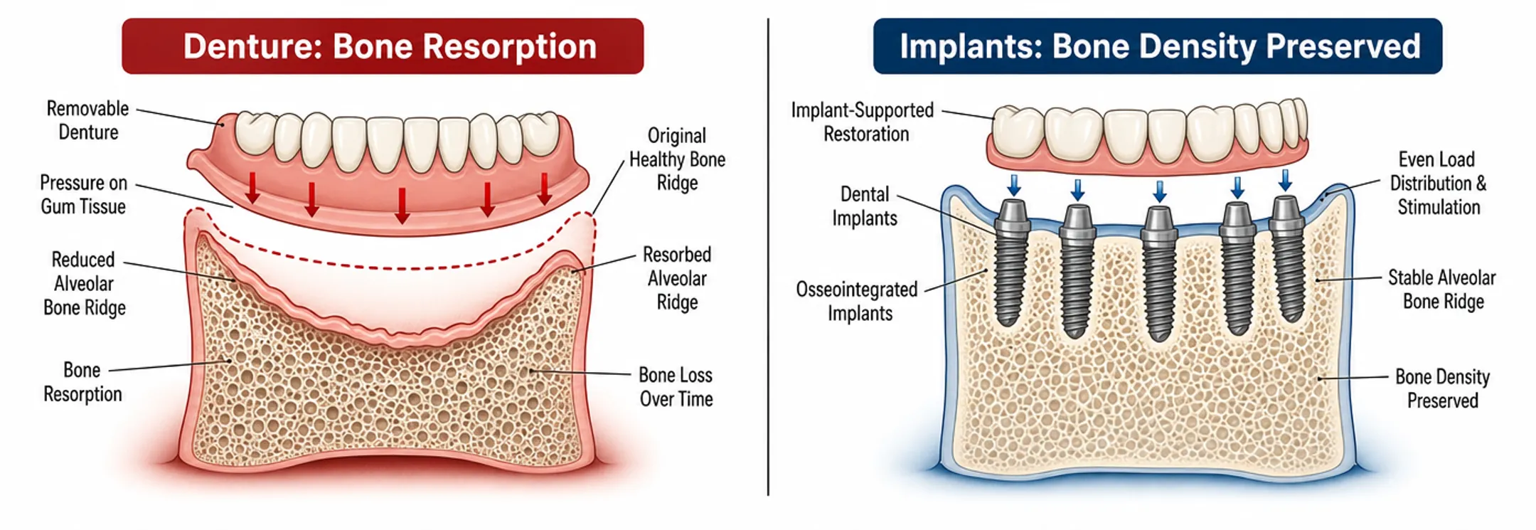 Dental x-ray comparing jawbone density with and without implant support