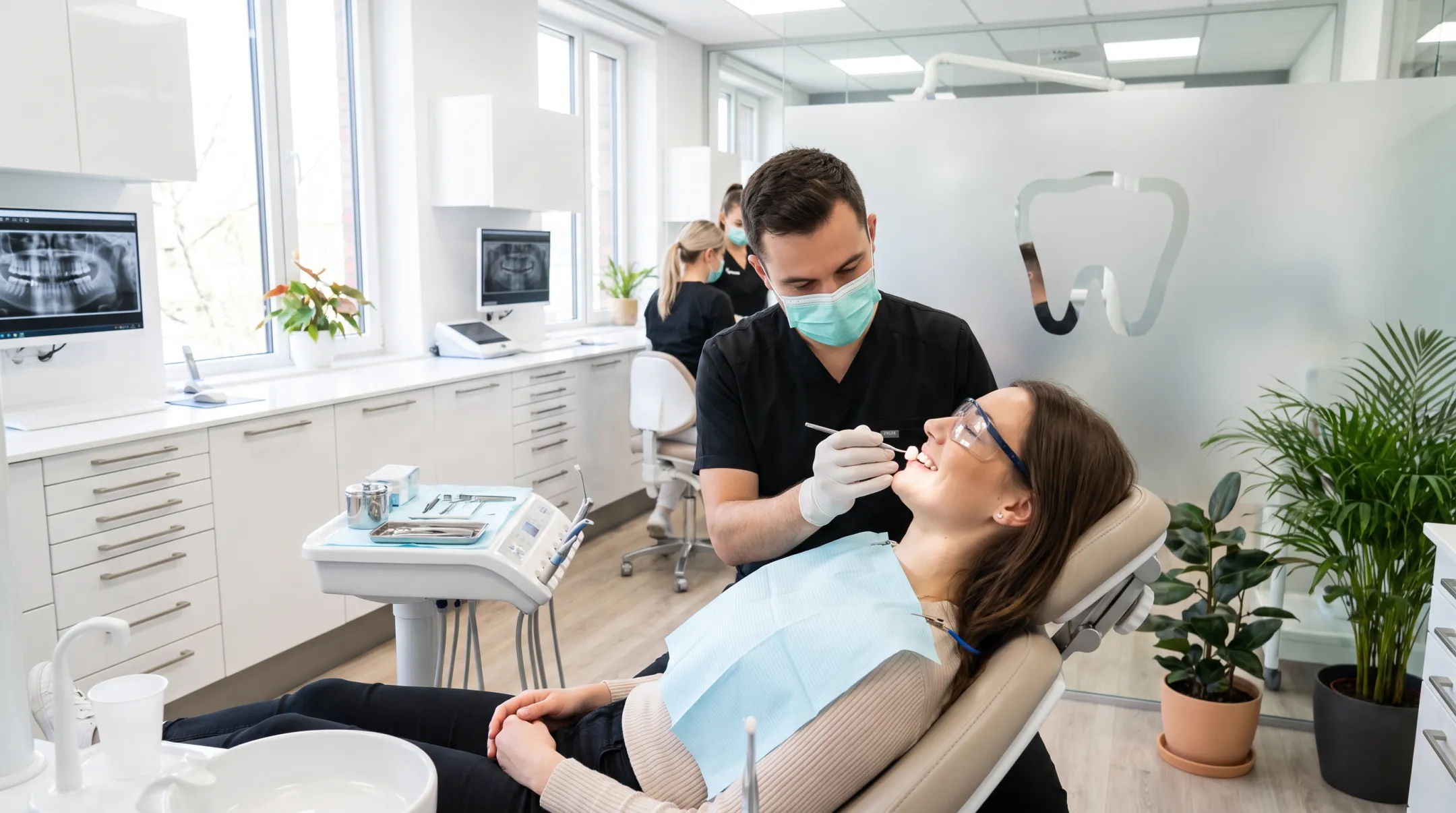 Dental patient receiving custom crown fitting during implant treatment