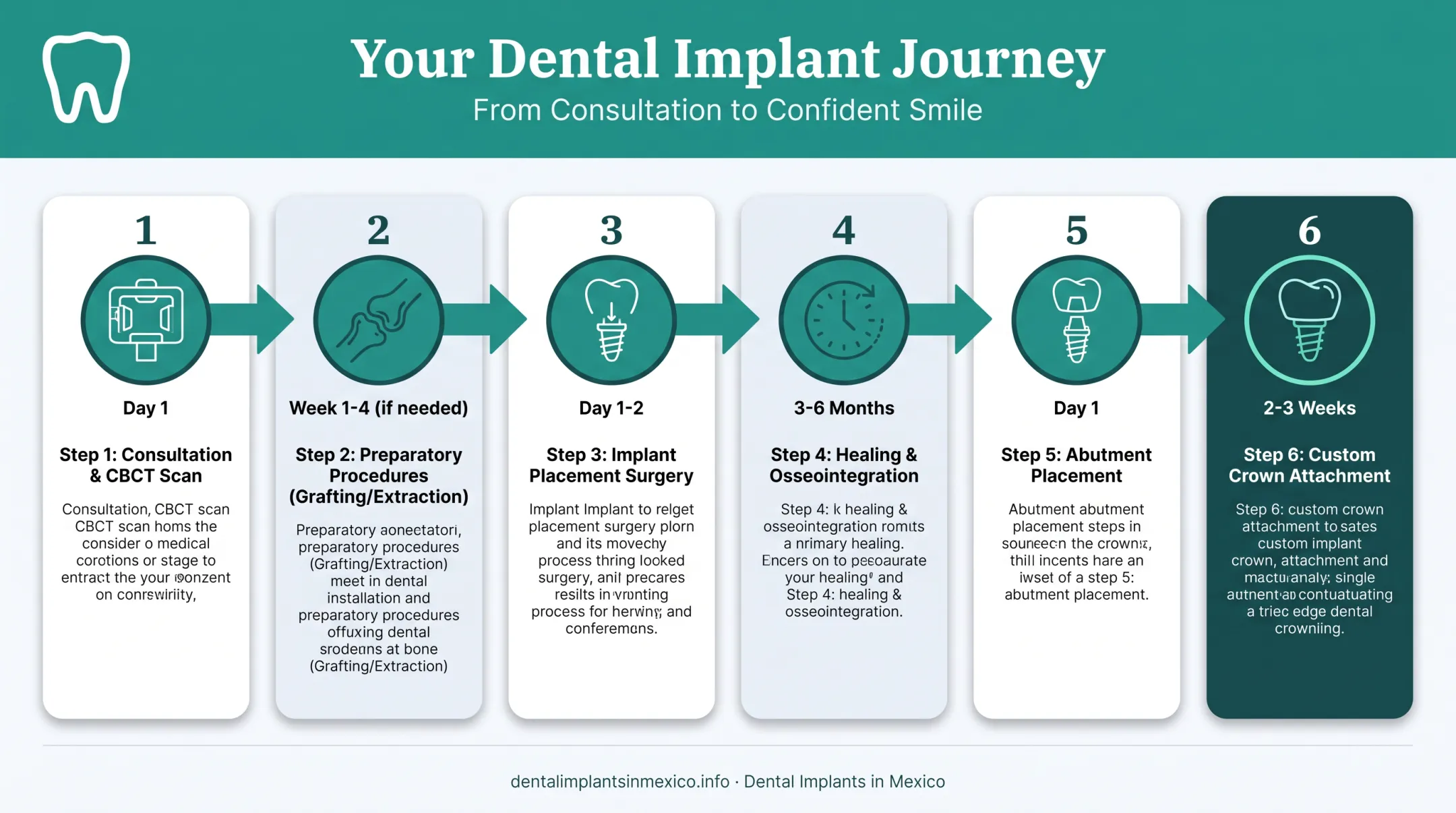 6-step dental implant process timeline from consultation to final crown