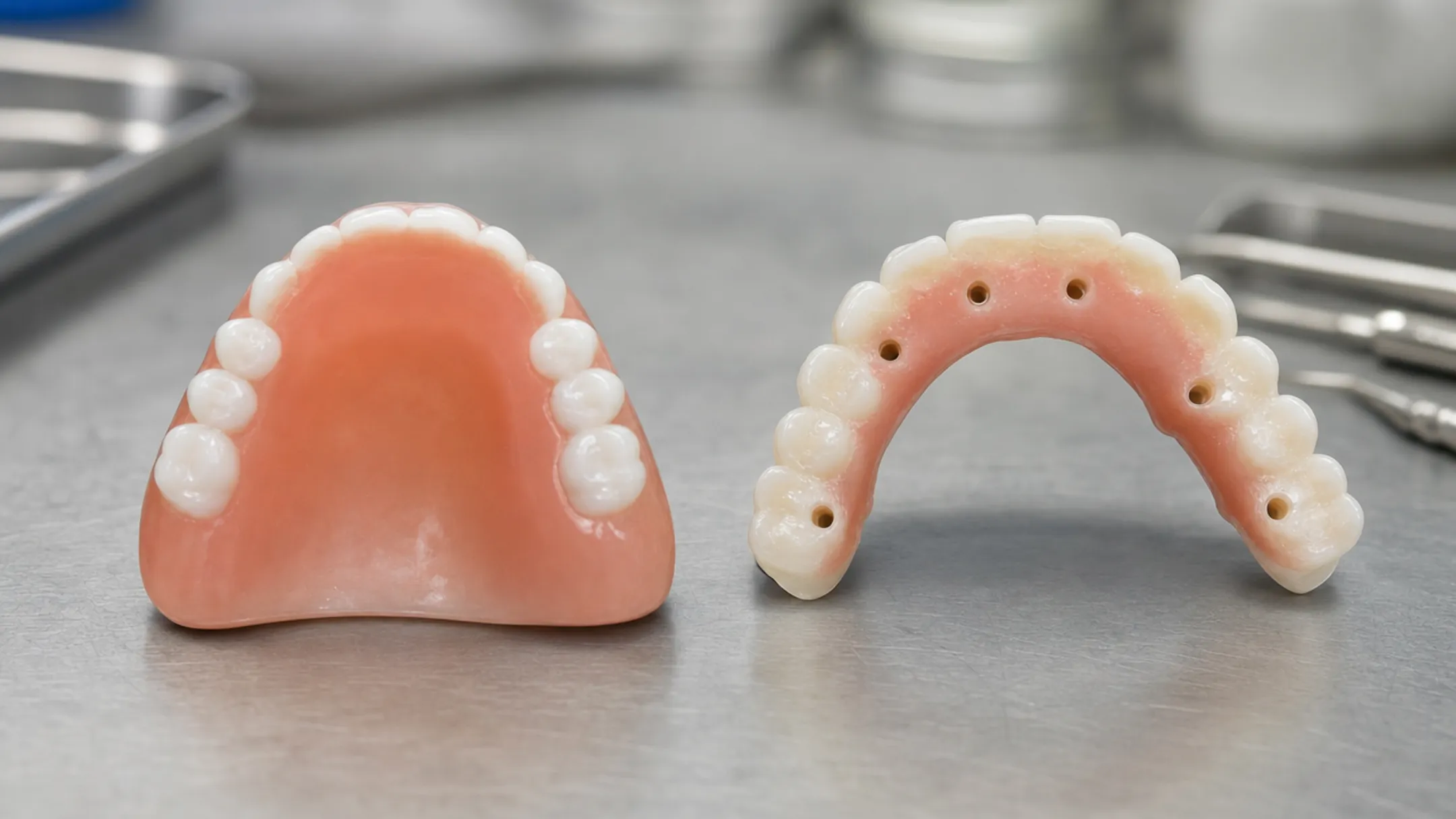 Dental technician comparing acrylic and zirconia implant bridge materials