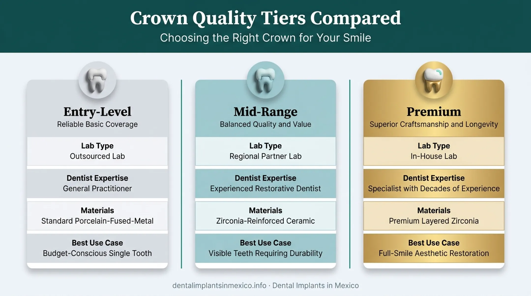 Entry-level mid-range and premium zirconia crown tier comparison chart