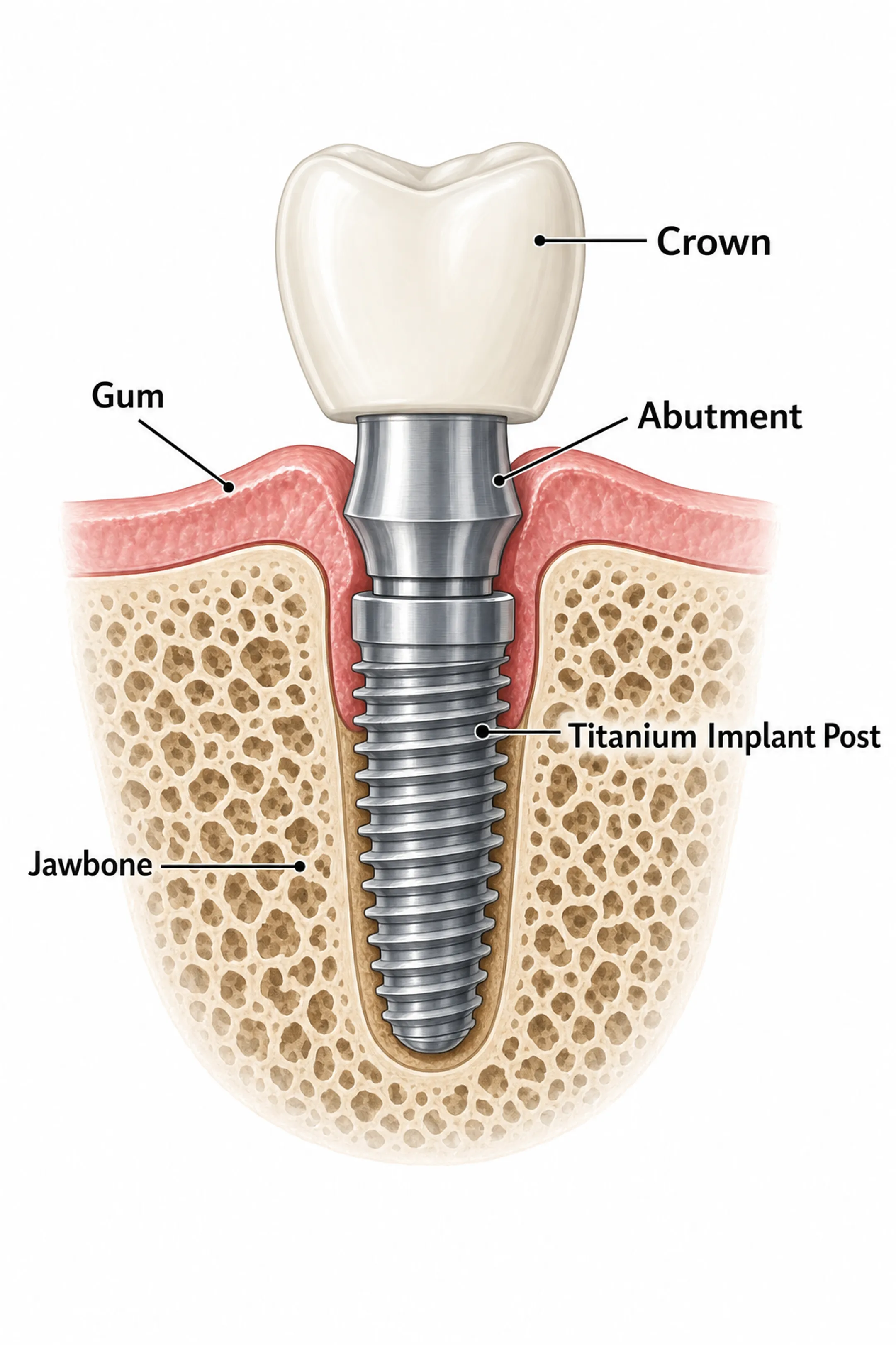 Titanium dental implant post and crown cross-section diagram illustration