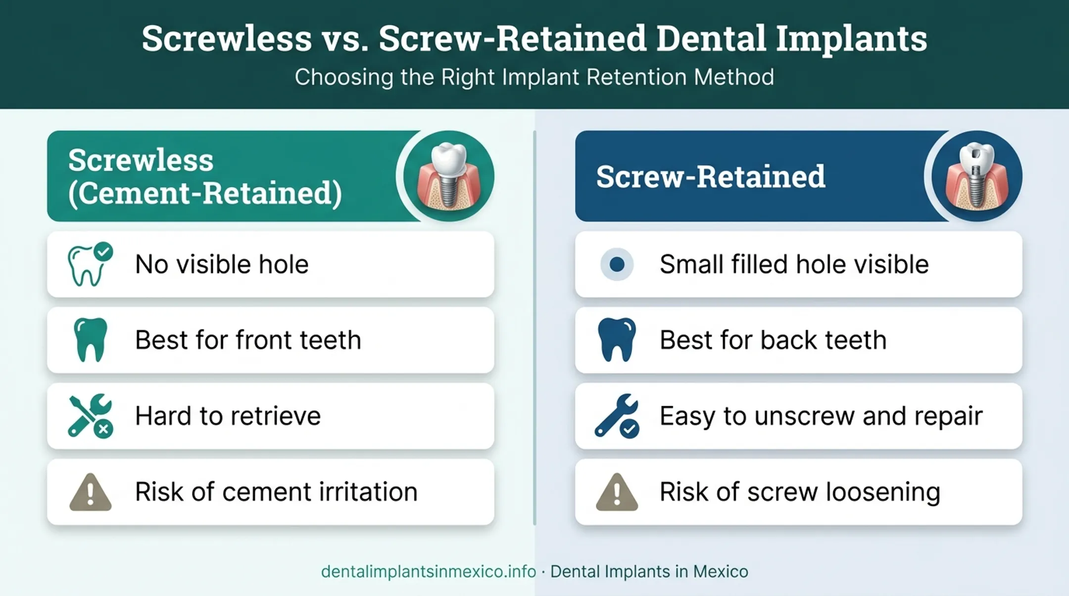 Screwless versus screw-retained implant comparison chart of key differences