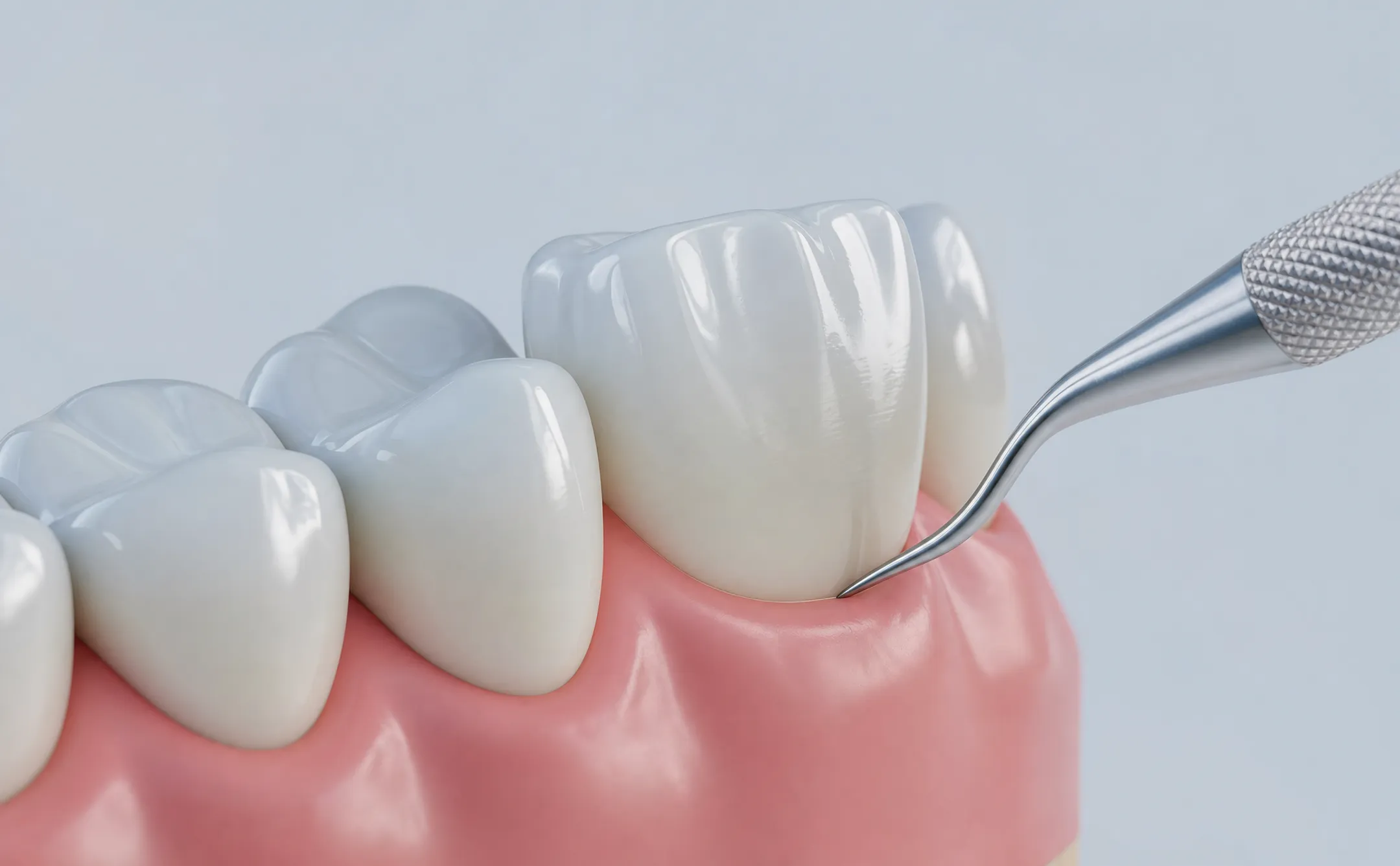 Dentist performing cement cleanup and fit verification on dental crown