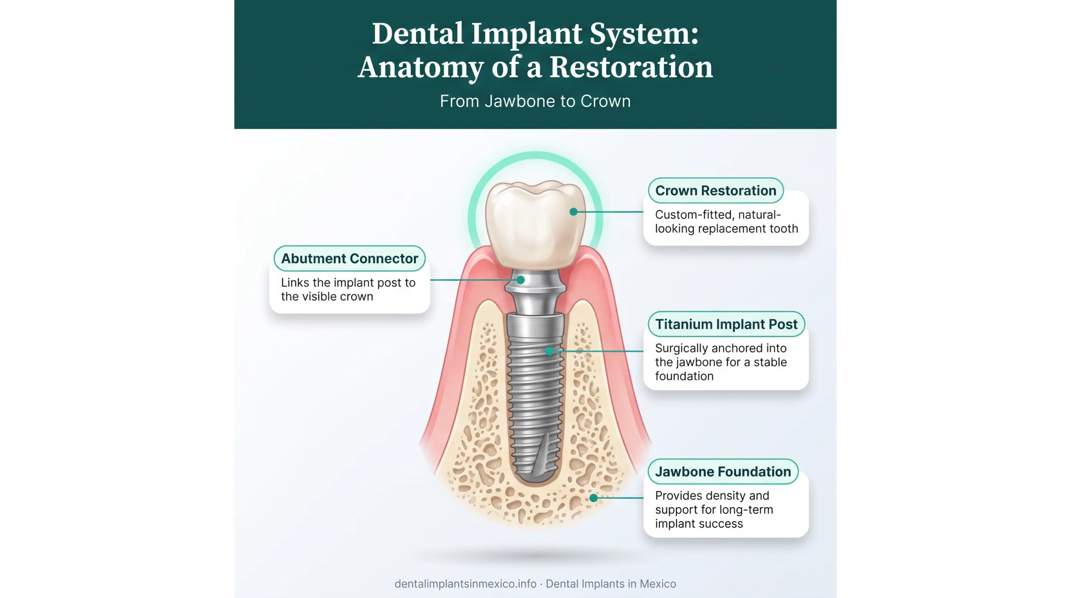 Dental implant abutment anatomy diagram showing post crown connection