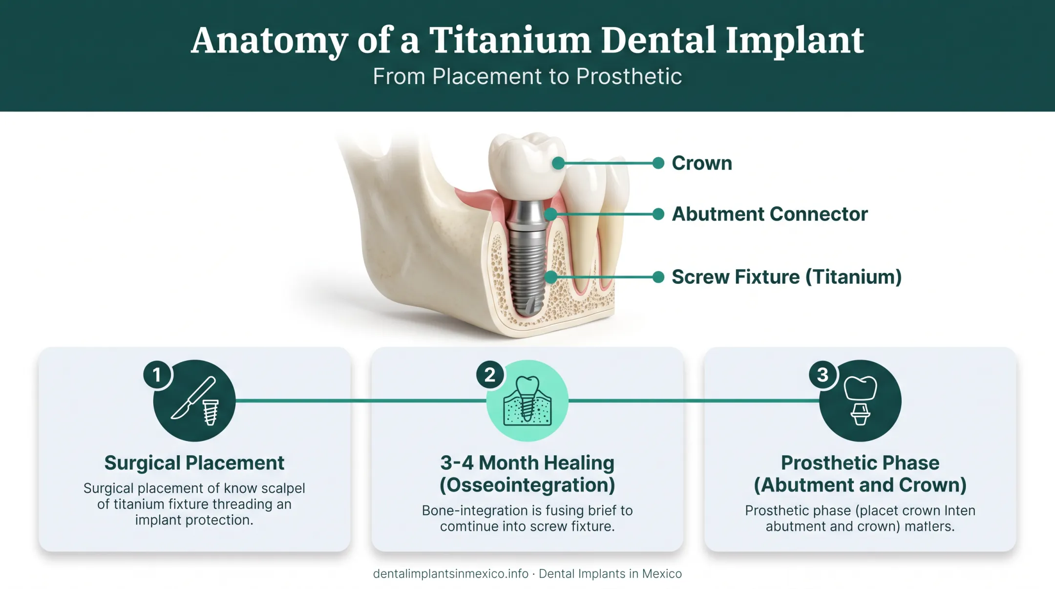 Titanium dental implant three-part structure and healing timeline stages
