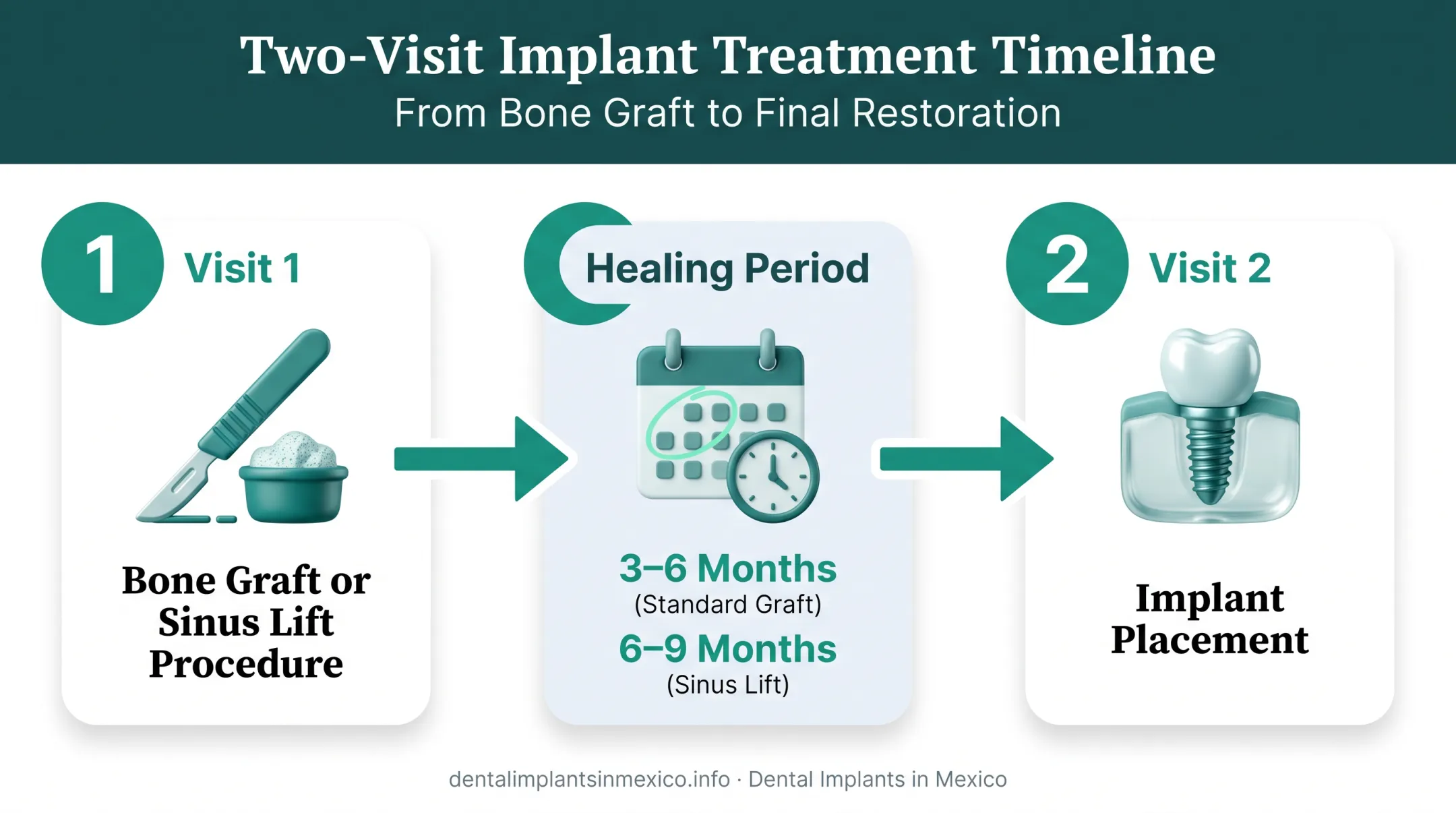Two-visit dental implant treatment timeline from graft to placement