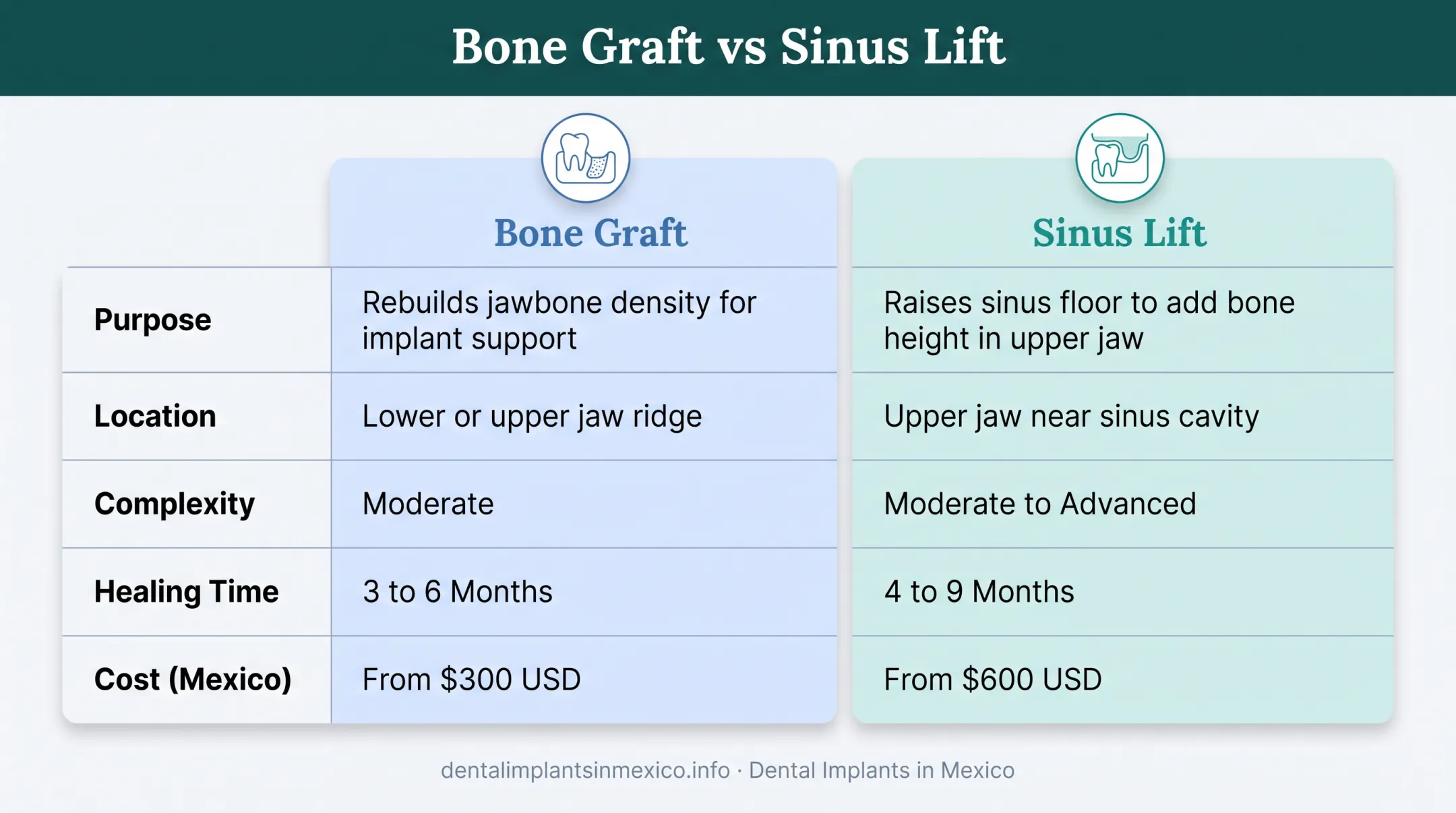 Bone graft versus sinus lift comparison chart showing purpose location and cost