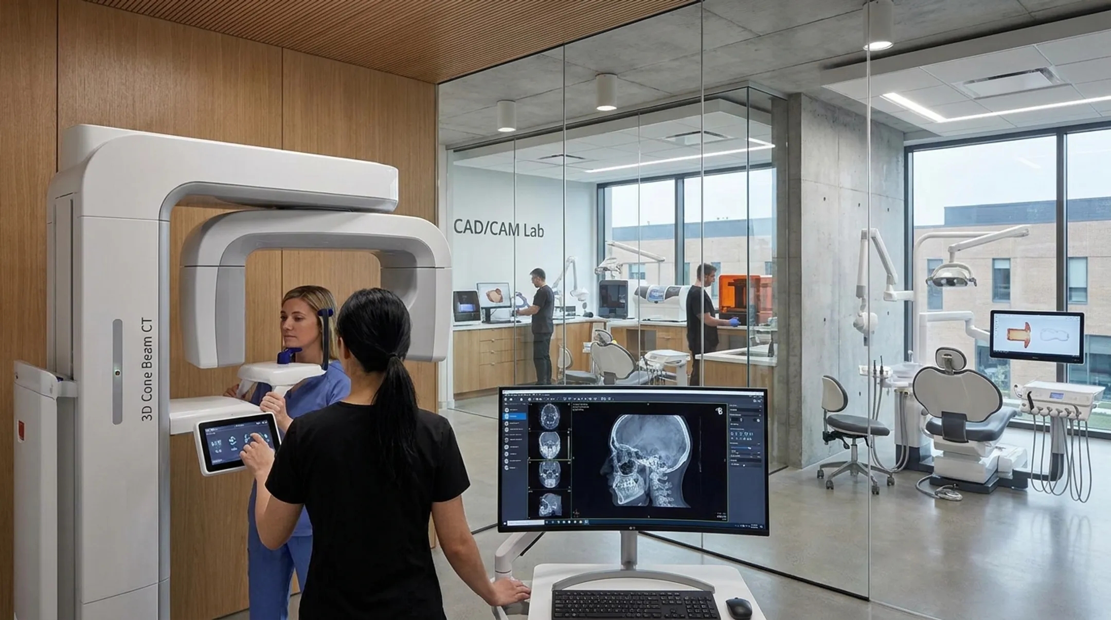 Modern dental clinic with 3D Cone Beam CT and CAD CAM lab equipment