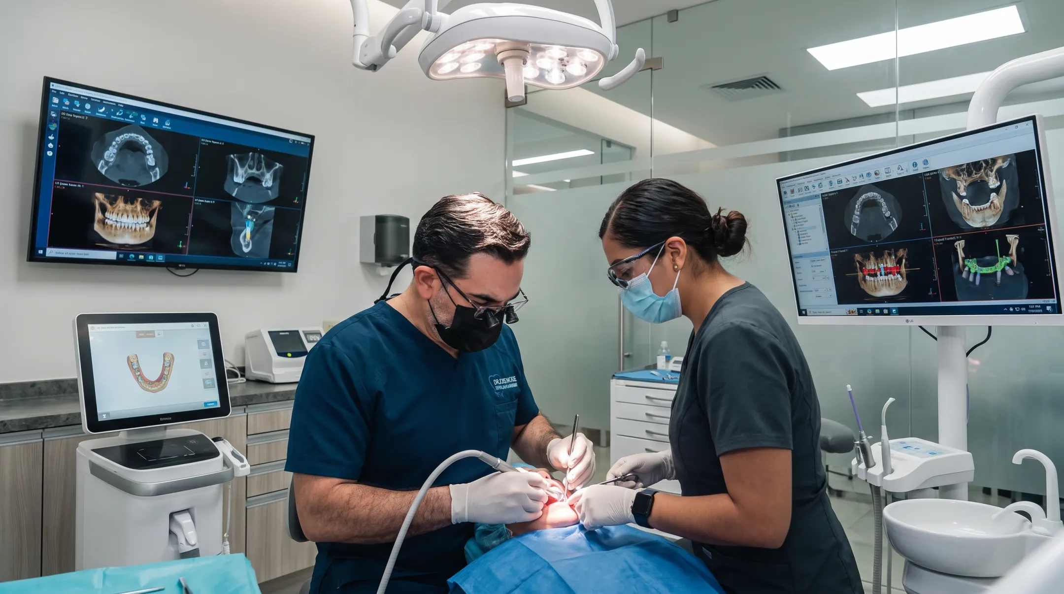 Periodontist performing zygomatic implant surgery with surgical team